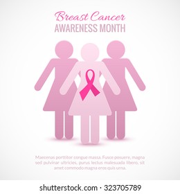 Breast Cancer October Awareness Month Campaign Background with paper girl silhouettes and pink ribbon symbol. Vector illustration