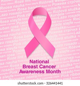 Breast cancer october awareness month campaign poster: pink ribbon sign and woman silhouette over pink background with the phrase "pink ribbon" in fifteen languages.