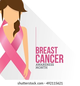 Breast Cancer October Awareness Month Campaign with girl and pink ribbon symbol. Women health vector design. Great for card and banner