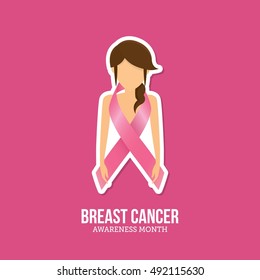 Breast Cancer October Awareness Month Campaign with pink Background with girl and pink ribbon symbol. Women health vector design. Great for card and banner