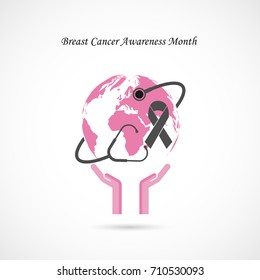 Breast Cancer October Awareness Month Campaign Background.Women health vector design.Breast cancer awareness logo design.Breast cancer awareness month icon.Realistic pink ribbon.Pink care logo.