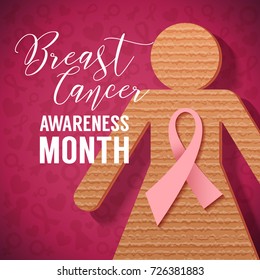 Breast Cancer October Awareness Month Campaign Background with paper girl silhouette and pink ribbon symbol. Vector illustration