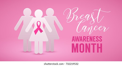 Breast Cancer October Awareness Month Campaign Background with paper girl silhouette and pink ribbon symbol. Vector illustration