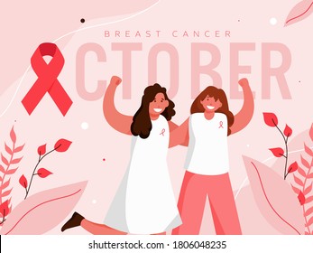 Breast Cancer October Text With Red Ribbon And Cheerful Fighter Young Girls On Pastel Pink Background.