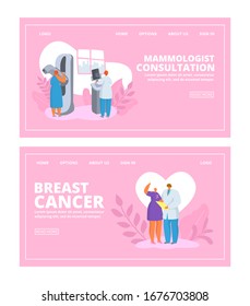 Breast cancer people awareness with female doctor checks up patient woman, mammological consultation banners set vector illustration. Breast cancer desease medicine fight symbols.