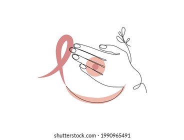 Breast Cancer with Pink Ribbon for October Awareness Month Campaign. Women health vector design. A Hand covering a Breast logo design. One Line Art. Pink logo, icon