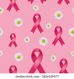 Breast cancer pink ribbon seamless pattern with daisies on pink background.
