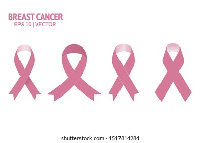 Breast cancer pink ribbon set. Woman care supporting realistic vector illustration isolated collection on transparent background. Female care health survivor emblem flat design