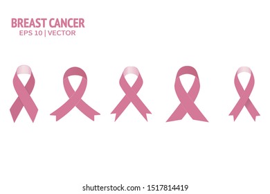 Breast cancer pink ribbon set. Woman care supporting realistic vector illustration isolated collection on transparent background. Female care health survivor emblem flat design