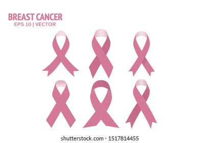 Breast cancer pink ribbon set. Woman care supporting realistic vector illustration isolated collection on transparent background. Female care health survivor emblem flat design