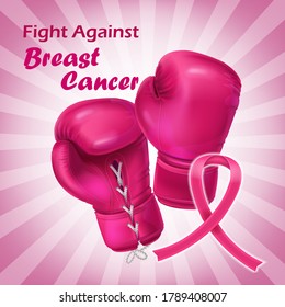 Breast cancer poster with realistic pink boxing gloves and ribbon. Women health care support symbol. Female hope and fight concept. World breast cancer awareness campaign.