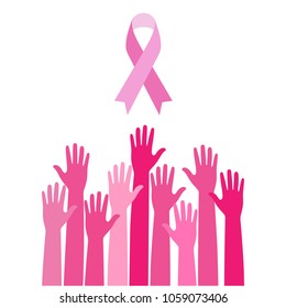 Breast cancer prevention and awareness concept.Breast cancer awareness background with human hands and pink ribbon.healthcare and medicine concept. pink breast cancer awareness ribbon