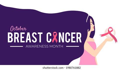 Breast cancer prevention background with woman silhouette. Pink ribbon Breast cancer awareness month web banner, flyer, disease prevention campaign, women support or help event. Vector illustration