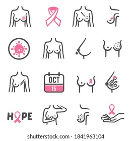 Breast cancer prevention, female care and awareness. Women diagnosed with breast cancer help, support. Vector line art illustration on white background