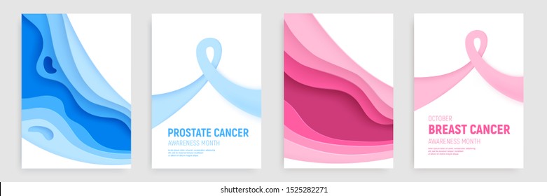 Breast cancer and prostate cancer awareness months paper cut banner set. Paper art pink and blue ribbons - October November health care symbols. Craft vector illustration