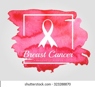 Breast Cancer Ribbon Awareness Month On Pink Watercolor Background. Can Be Used For Poster, Flyer, Banner, Quotes