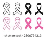 Breast cancer ribbon icon set. Cancer charity awareness ribbon vector symbol in black filled and outlined style