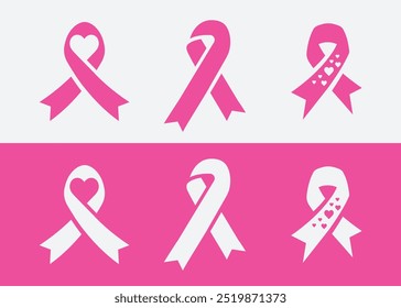 Conjunto de iconos de la cinta de cáncer de mama, Vector de concientización de la caridad contra el cáncer, cintas rosadas, conciencia del cáncer, Vector de icono de logotipo de cinta, símbolo de conciencia del cáncer de mama, octubre, Asistencia y signo de unidad