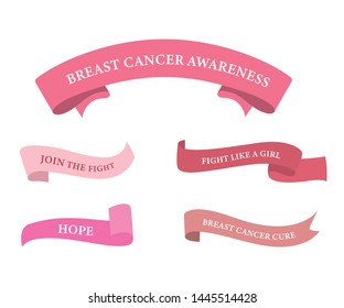 breast cancer ribbon labels and badges pink color. ribbon banner and text design.