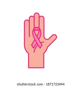 breast cancer ribbon on hand line and fill style icon design, awareness campaign and prevention theme Vector illustration