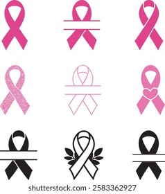 Breast Cancer Ribbon silhouette with a white background. Cancer Pink Ribbon Variations, Awareness Ribbon Monogram Silhouette. Awareness Ribbon Split Name Frame