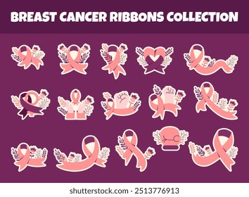 Breast cancer ribbons sticker vector illustration set