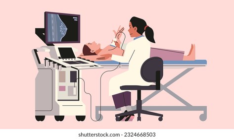 Breast Cancer Screening and Diagnosis Concept, Expert Doctor Performing Ultrasound Technology for Early Detection in Female Patient, Flat Vector Illustration