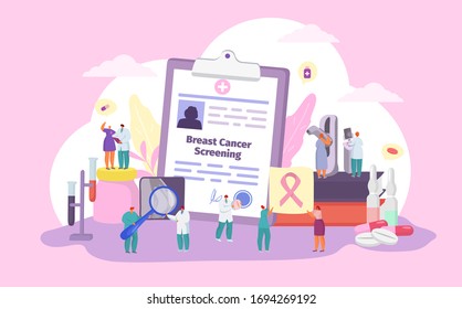 Breast cancer screening vector illustration. Cartoon flat patient and doctor tiny characters with ribbon, mammography examination on mammogram scan machine in hospital. Woman health medicine concept