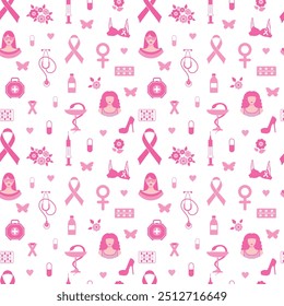 Breast cancer seamless pattern awareness pink ribbon. October is Breast Cancer Awareness Month. Pink on white.