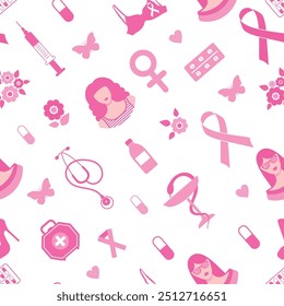 Breast cancer seamless pattern awareness pink ribbon. October is Breast Cancer Awareness Month. Pink on white.