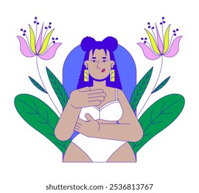 Câncer de mama autoexame conceito de ilustração 2D. Detecção antecipada. Mulher latino-americana de sutiã se examinando personagem de desenho animado isolada em branco. Metáfora abstrata vetor gráfico plano