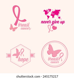 Breast cancer set of stickers. Pink ribbon, icon design.