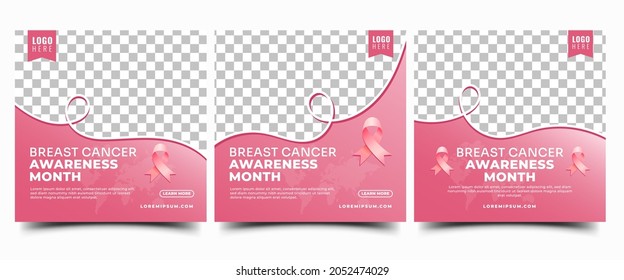 Breast cancer social media post template design collection. Editable modern banner with pink background, ribbon, and place for the photo. Usable for social media post, banner, card, and website.	