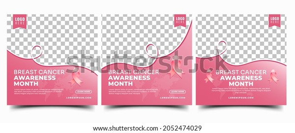 Breast cancer social media post template\
design collection. Editable modern banner with pink background,\
ribbon, and place for the photo. Usable for social media post,\
banner, card, and\
website.	