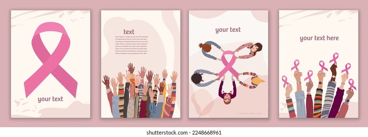 Breast cancer survival prevention concept. Group of different culture female hands holding a pink ribbon.Template. Solidarity and support for women fighting breast cancer.Cancer survivor