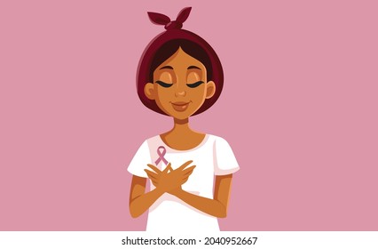 Breast Cancer Survivor Holding Pink Ribbon Symbol Vector Illustration. Female patient surviving the disease with treatment and strength 
