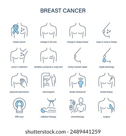 Breast Cancer symptoms, diagnostic and treatment vector icons. Medical icons.