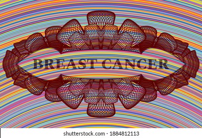 Brustkrebs-Text in Linear farbiges realistisches Badge. Grauer Hintergrund. Vektorgrafik. 