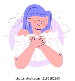 Breast Cancer woman character. Woman with pink ribbon takes care of herself. Flat vector modern illustration.