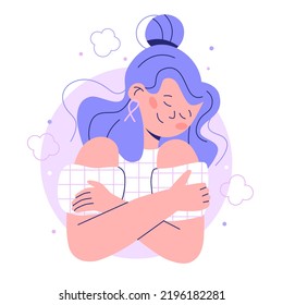 Breast Cancer woman character. Woman with pink ribbon takes care of herself. Flat vector modern illustration.