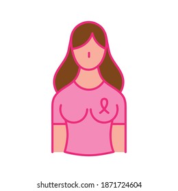 breast cancer woman with ribbon tshirt line and fill style icon design, awareness campaign and prevention theme Vector illustration