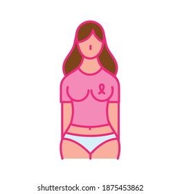 breast cancer woman with ribbon tshirt line and fill style icon design, awareness campaign and prevention theme Vector illustration