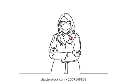 Breast cancer women's doctors cross arms with pink ribbons on a white background. continuous line breast cancer day doctors wearing coats with pink ribbons.Line art Breast cancer awareness concept.