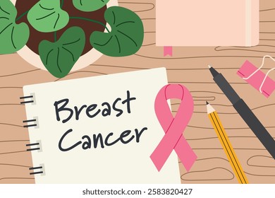 Breast cancer written on spiral notebook; is ideal for use in educational materials, awareness campaigns, and medical presentations- vector illustration
