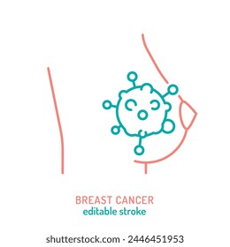 Breast carcinoma, adenocarcinoma outline icon. Malignant breast growth sign. Medical, healthcare linear pictogram. Breast cancer awareness. Editable vector illustration isolated on a white background