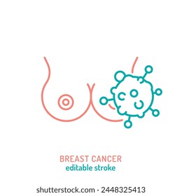 Breast carcinoma, adenocarcinoma outline icon. Malignant breast growth sign. Medical, healthcare linear pictogram. Breast cancer awareness. Editable vector illustration isolated on a white background