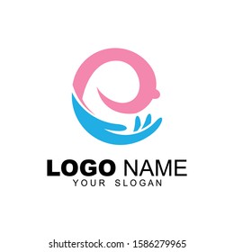 Breast care logo, save breast cancer, breastfeeding care logo, breast combination with hand icon as a symbol of concern
