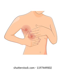 Breast examination illustration. Part of female torso, woman doing self check of breasts and feeling pain. Tumour or cancer signs. Vector realistic cartoon style.