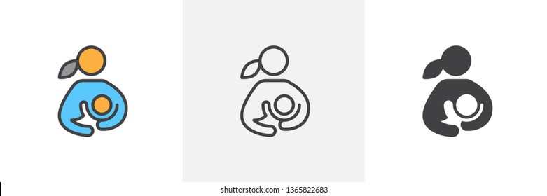 Breast feeding icon. Line, glyph and filled outline colorful version, woman breastfeeding her child outline and filled vector sign. Symbol, logo illustration. Different style icons set