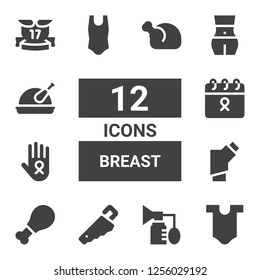 breast icon set. Collection of 12 filled breast icons included Body, Breast pump, Handsaw, Chicken, Inhalator, Cancer, Ribbons
